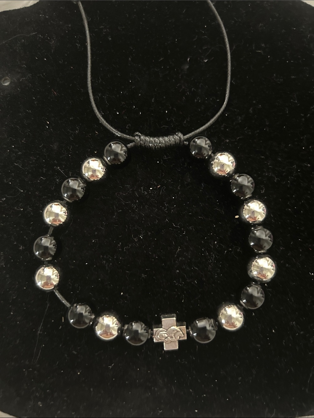 Black and Silver Beaded Cross Bracelet — Men's Adjustable Jewelry